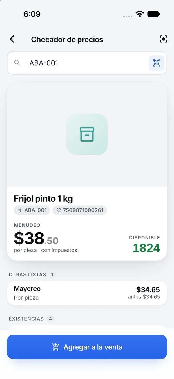 Precio y existencia de un producto consultados con la cámara