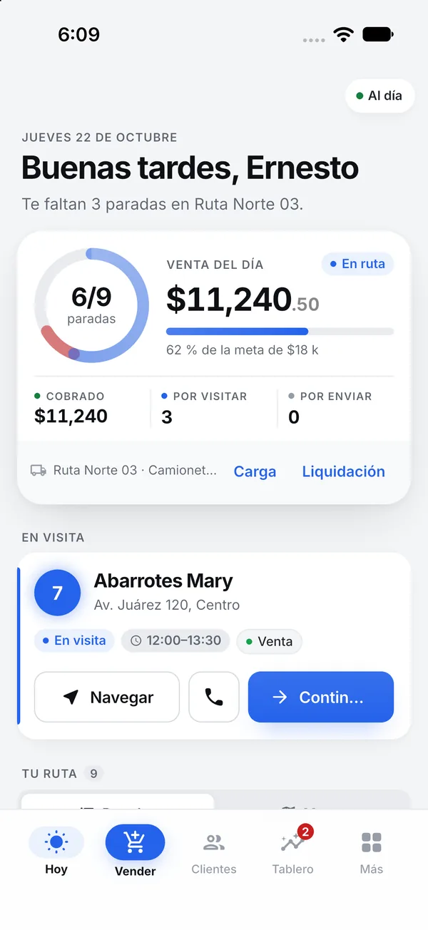 App de Nori con la venta del día y la siguiente visita de la ruta