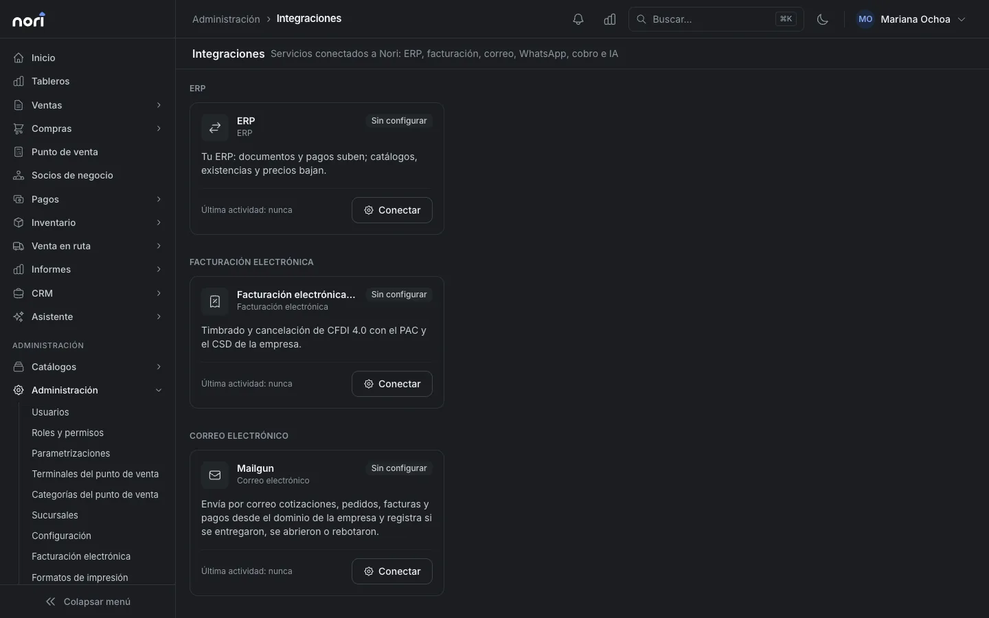 Pantalla de integraciones de Nori con la tarjeta del ERP y el botón Conectar