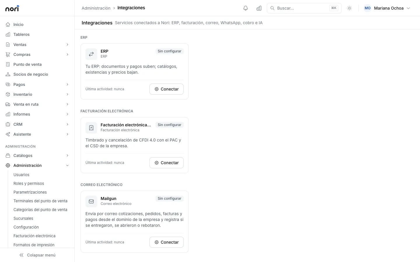 Pantalla de integraciones de Nori con la tarjeta del ERP y el botón Conectar