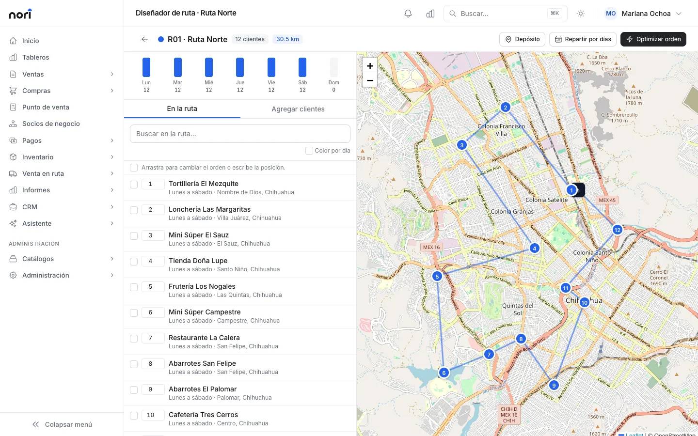 Diseñador de ruta con los clientes numerados sobre el mapa